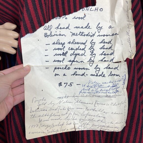 Vtg Handmade Bolivian Wool Poncho Blanket Weight Wood Rings Red Black Striped - Picture 2 of 9